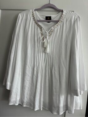 JM Collection White Embellished V-Neck Tunic with Tassel Tie